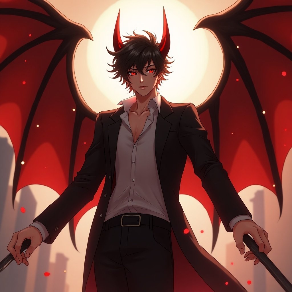 Anime character with angel hybrid devil wings standing confidently. Character has a stylish outfit and striking wings. Bright sun setting in the background creates dramatic effect.