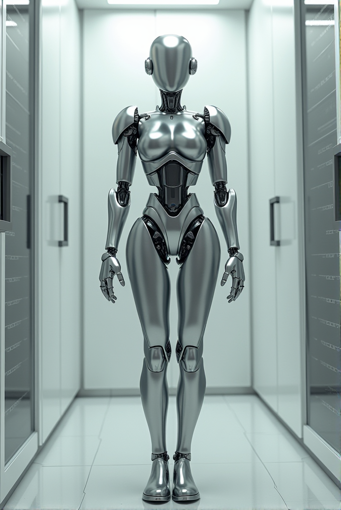 A sleek, shiny humanoid robot stands in a sterile, high-tech corridor.