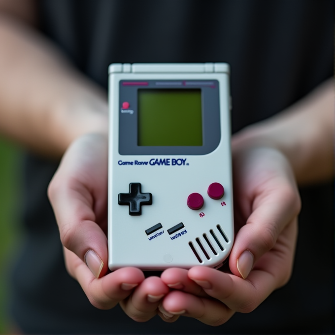 A pair of hands gently holds a classic Game Boy console, with its recognizable gray body, directional pad, A and B buttons, and screen, evoking nostalgia for vintage gaming.