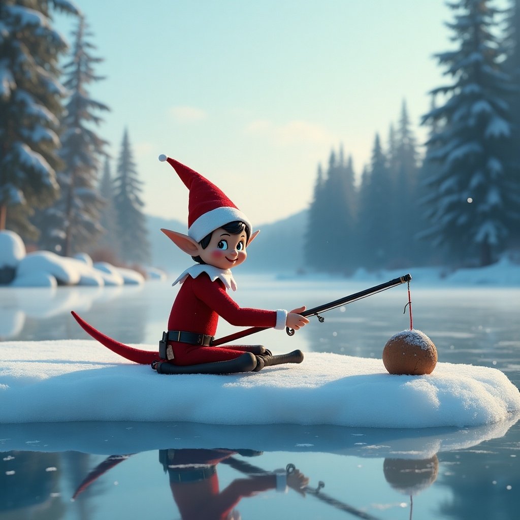 This image features a character known as Elf on the Shelf, sitting on a patch of ice in the middle of a frozen lake. Dressed in a red and white outfit with a pointed hat, the elf is focused on fishing through a hole in the ice. Surrounding him are snow-covered trees that give a peaceful winter atmosphere. The scene is brightened by soft sunlight, creating a cheerful mood. This whimsical depiction plays into holiday traditions, merging winter sports with festive cheer.