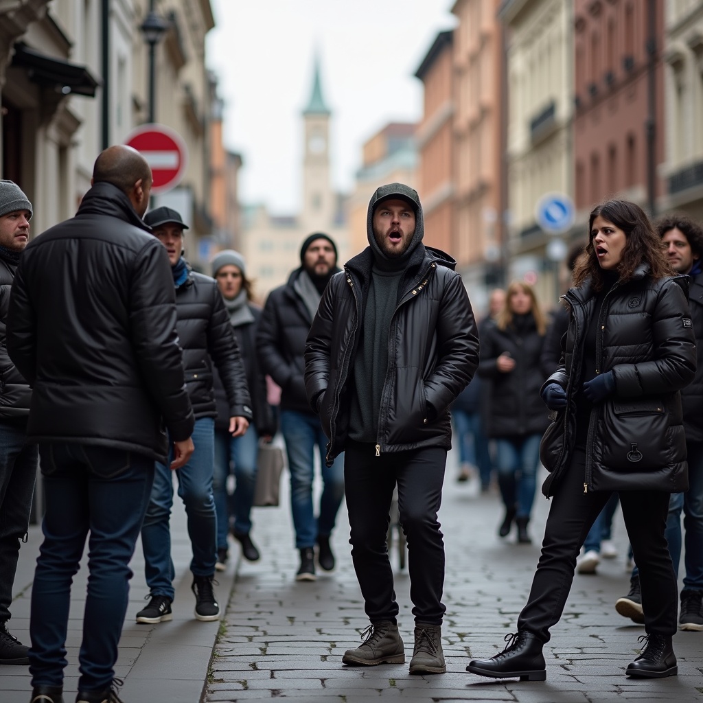 The image depicts a group of people in an urban setting making a shocking scene. They are dressed in trendy winter attire, with several onlookers watching intently. The atmosphere is tense as the central figures appear animated, possibly engaged in an argument or performance. The street is lined with old buildings, creating a juxtaposition of modernity and tradition. The environment is chilly, indicated by the heavy jackets worn by the group.