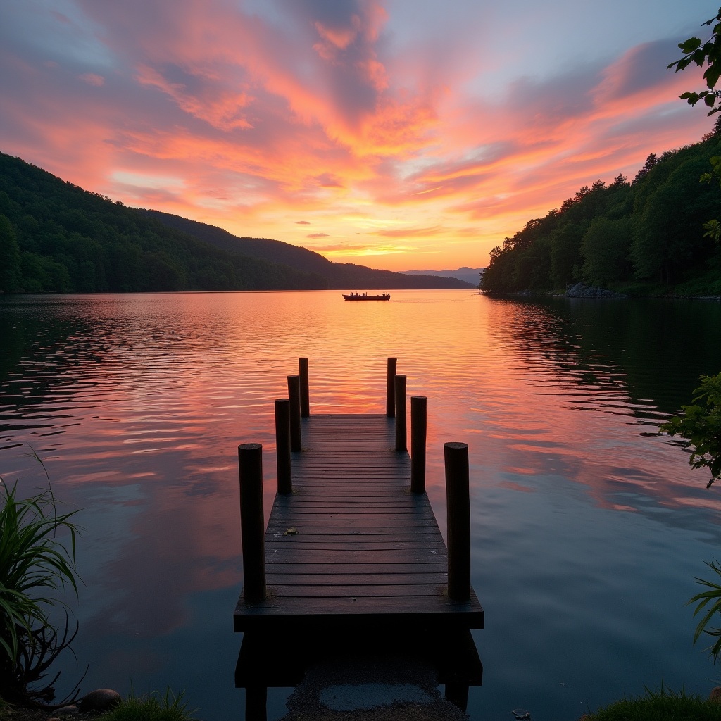 A scenic sunset over a tranquil lake. Wooden dock leads into the water. Vibrant colors in the sky. Silhouette of mountains in the background. Few people in a boat on the lake.