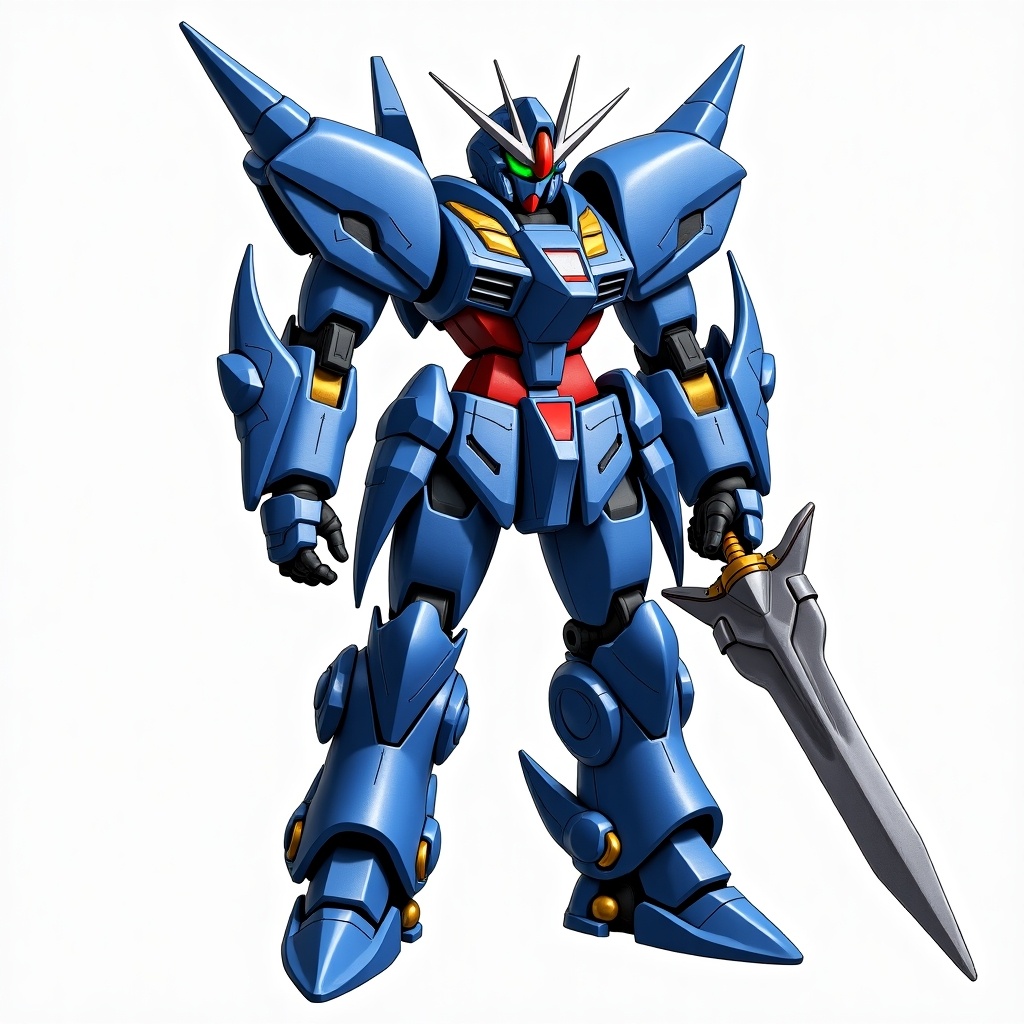 A blue robotic character with metallic armor. Design includes intricate patterns. Strong posture exuding power. Robot holds a sword in its right hand. Color palette is predominantly blue with silver and red highlights.