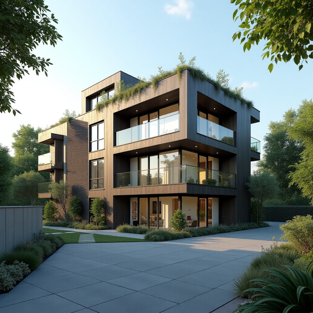 This image showcases a modern two-storey apartment building situated on a meticulously landscaped plot of land measuring 60 by 120 feet. The building features multiple balconies adorned with greenery, creating a seamless blend with the surrounding nature. The design emphasizes sustainability and contemporary aesthetics, appealing to urban living. Parking is limited, allowing for more open space and landscaping around the building. Ideal for showcasing real estate or architectural designs, this apartment is perfect for those looking for modern living in a vibrant environment.