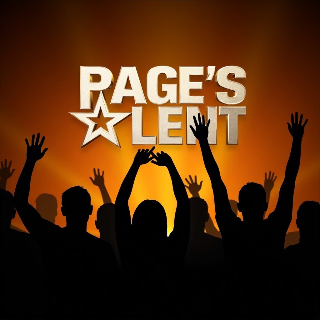 Image features bold text PAGE's GOT TALENT. The text has a star-shaped O in GOT. Silhouetted audience with raised hands appears behind the text. Colors are vibrant orange and black. The composition evokes excitement of live performances for promotional purposes.