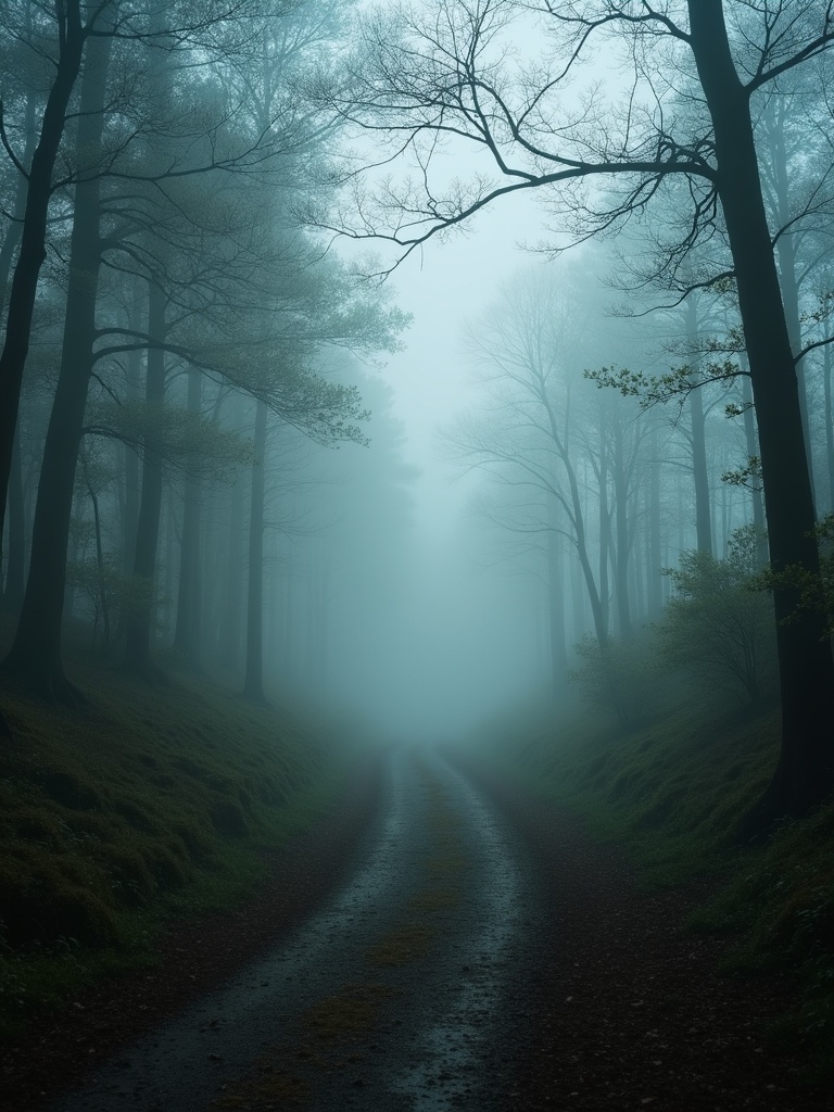 Winding trail disappears into a misty dense forest. Fog adds mystery to the scene. Journey ahead is unclear. Fog symbolizes time and contemplation.