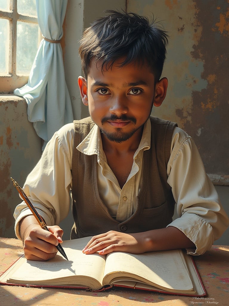 A boy is sitting at a wooden table writing in a notebook. He uses a pen. The boy wears a light-colored shirt and a brown vest. The scene is softly lit by the sunlight coming through a window. The background shows a distressed wall and a curtain.