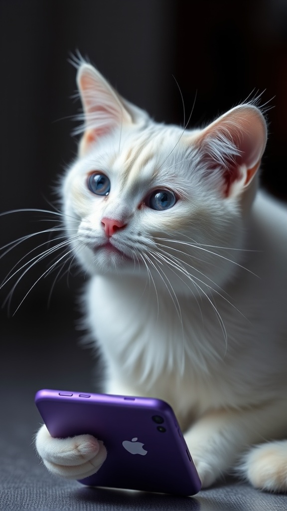 A white cat with blue eyes holds a purple smartphone.