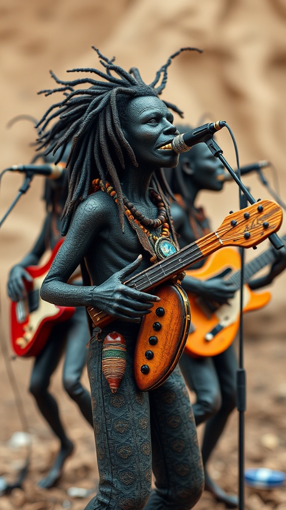 A vibrant and dynamic illustration depicts a group of humanoid figures with dark skin, adorned with tribal patterns and jewelry, performing with musical instruments. The prominent figure in the foreground passionately sings into a microphone while playing a uniquely crafted guitar. The scene captures an essence of cultural expression and musical rhythm, set against a blurred earthy background that suggests an outdoor performance.