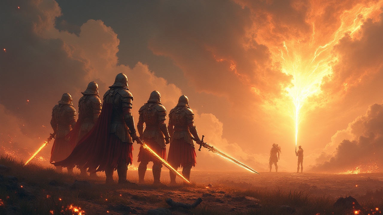 This striking digital artwork depicts a group of armored knights standing before a blazing fissure in the sky. The knights, clad in shining metal armor with glowing swords, appear ready for battle or to witness a significant event. The fiery sky, filled with swirling clouds and a bright, golden rift, creates an epic and otherworldly atmosphere.