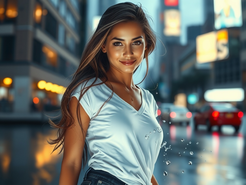 A young woman stands confidently in a bustling city environment, illuminated by bright city lights against a twilight backdrop. She wears a casual white t-shirt, and her hair flows gracefully, suggesting motion or a gentle breeze. The background features blurred lights from cars and buildings, adding a vibrant urban energy to the scene.