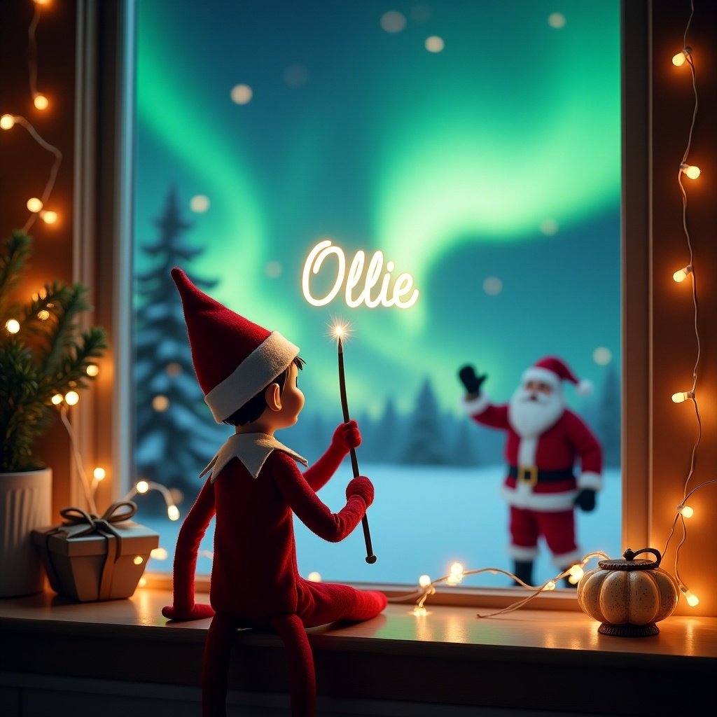 Enchanting Christmas scene features elf on the shelf facing the sky. Elf is dressed in red and white. Elf wields magic wand inscribing 'Ollie' in glowing script. Vibrant northern lights create magical ambiance. Santa Claus appears joyfully in background. Cozy room adorned with twinkling lights. Scene captures joy of holiday season with whimsical twist.