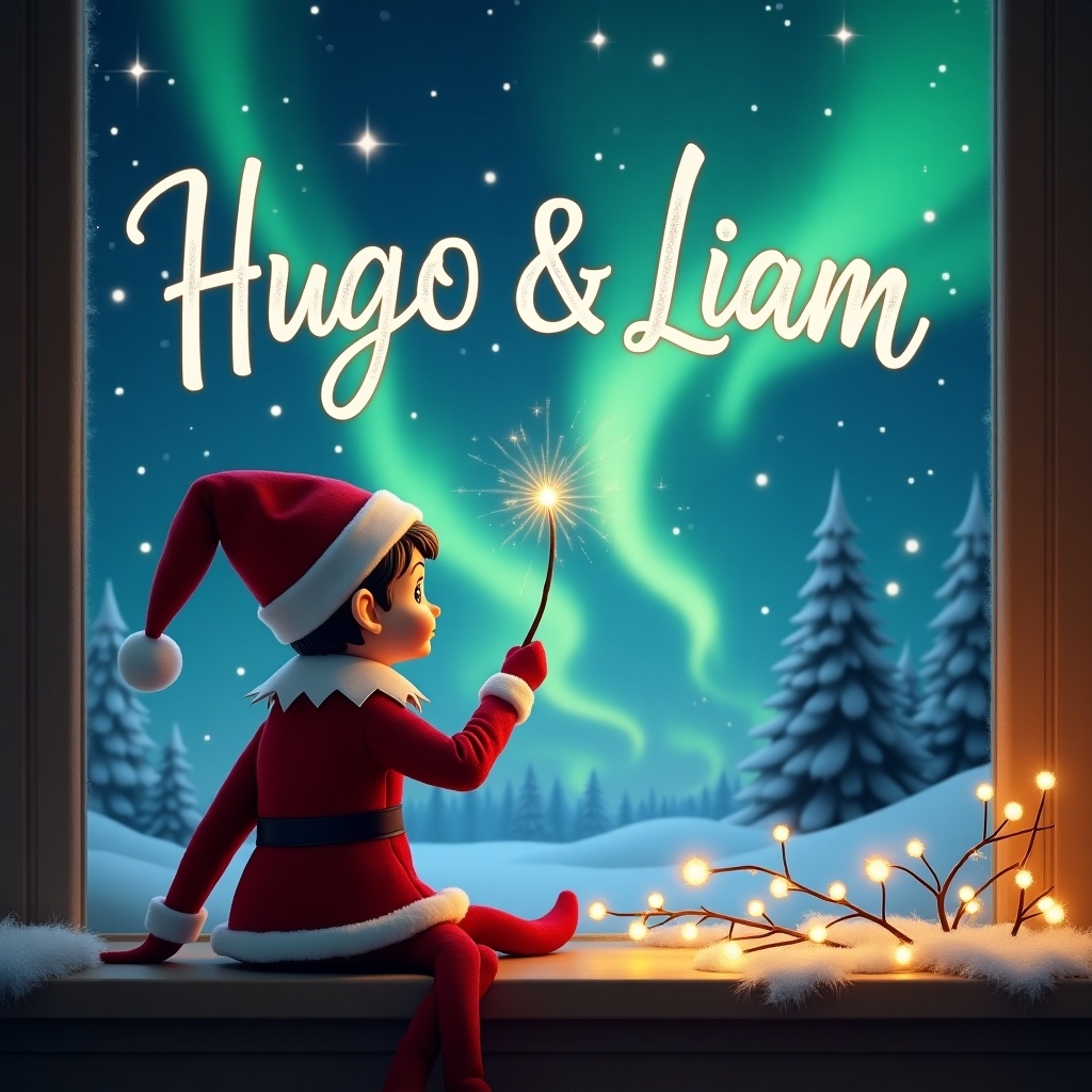 An adorable elf on the shelf is positioned with his back to the viewer, sitting by a window. He gazes up at the sky, holding a magic wand that twinkles with light. The scene outside features a breathtaking view of the Northern Lights, illuminating the snowy landscape. Above the elf, the names 'Hugo & Liam' are elegantly written in the magical sky by the wand. The ambiance is filled with festive decor, including Christmas lights adorning the window and a sense of wonder during this magical season.