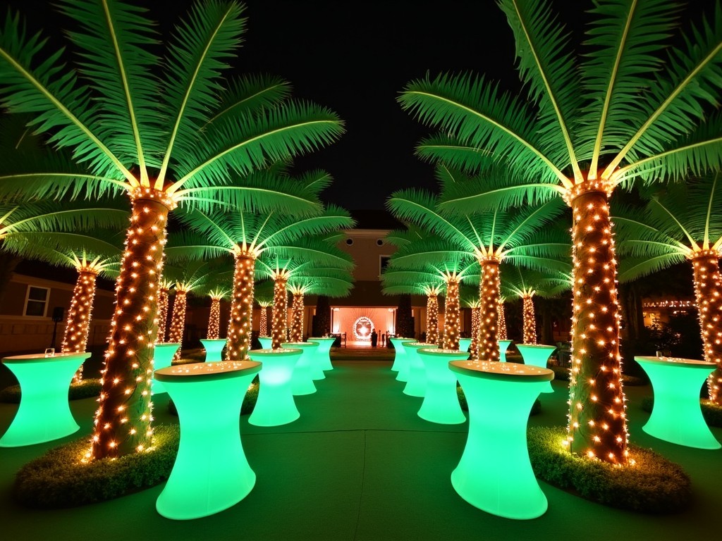 This image features a striking arrangement of 10ft artificial palm trees adorned with glowing lights, creating an enchanting atmosphere. The vibrant green cocktail tables with linens complement the palm trees, enhancing the lively theme. Guests can be seen mingling in the background, adding a touch of elegance to the scene. The soft, ambient lighting casts a warm glow, inviting attendees to enjoy the festivities. This setting is perfect for tropical-themed events or outdoor celebrations, showcasing a blend of nature and modern decor.