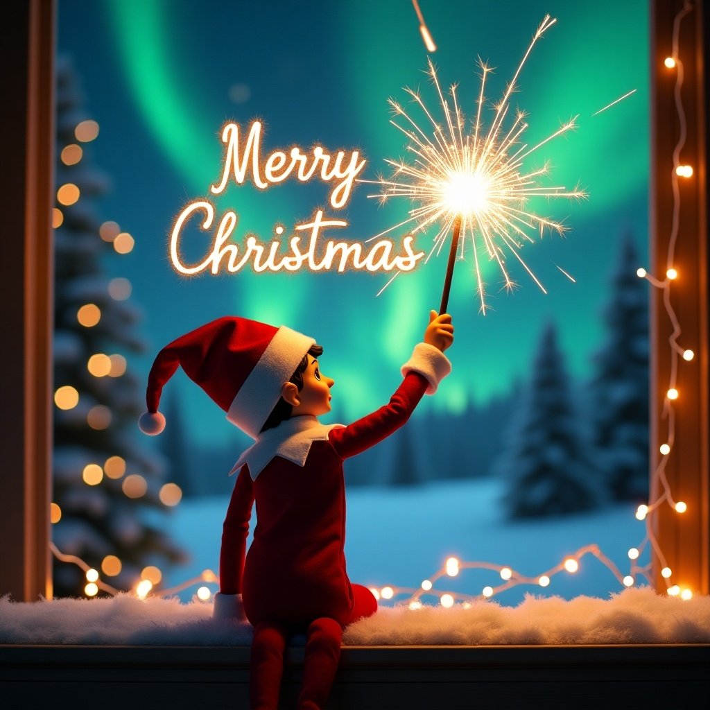 An enchanting Christmas scene featuring an elf on the shelf dressed in red and white. Elf faces the sky, backs to viewer, wielding a magic wand. Sparks write 'Merry Christmas Willow' above. Northern lights create a vibrant background. The scene captures the spirit of Christmas with a whimsical twist, evoking wonder and excitement.