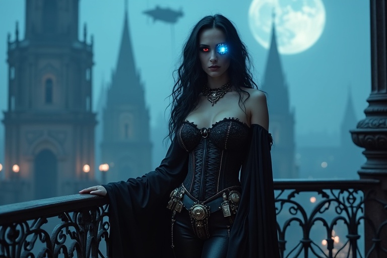 Stunning and seductive steampunk vampire queen on gothic balcony. Long wavy black hair glows red eyes. Tight corset-style dress with lace and leather. Long dark cape flows behind. Outfit adorned with metallic gears and gothic jewelry. High-tech monocle glows faintly. Background features Victorian-style cityscape with tall towers and airships. Regal but dangerous expression. Dramatic blue lighting casts eerie glow on pale skin. Dark elegant cinematic atmosphere with gothic and steampunk mix.