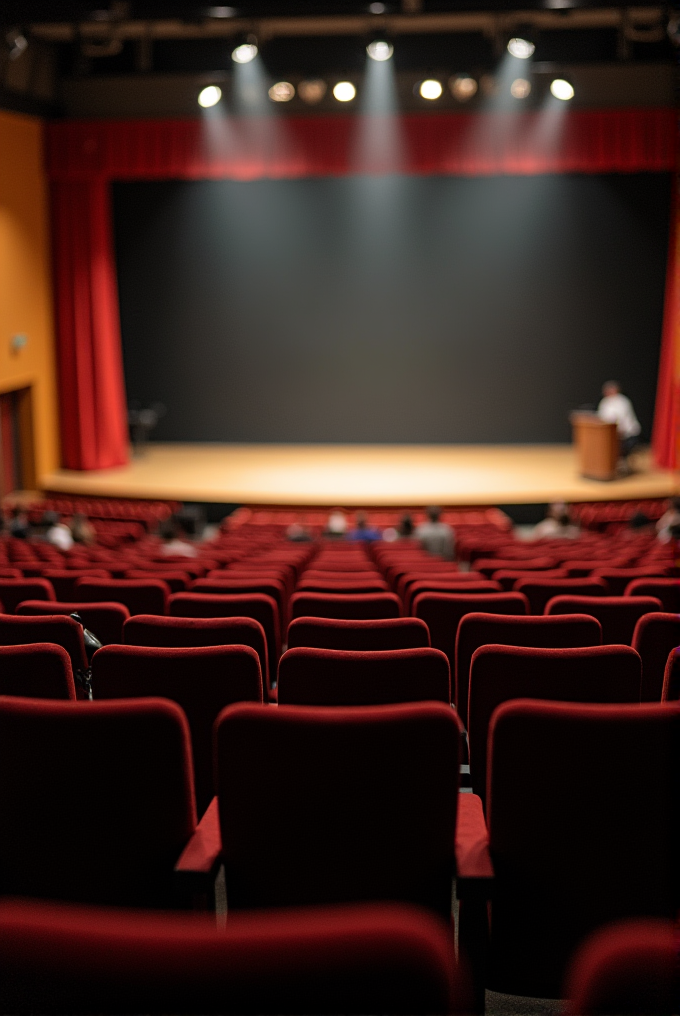 A blurred view of an auditorium with vacant red seats facing an empty stage under dramatic lighting.