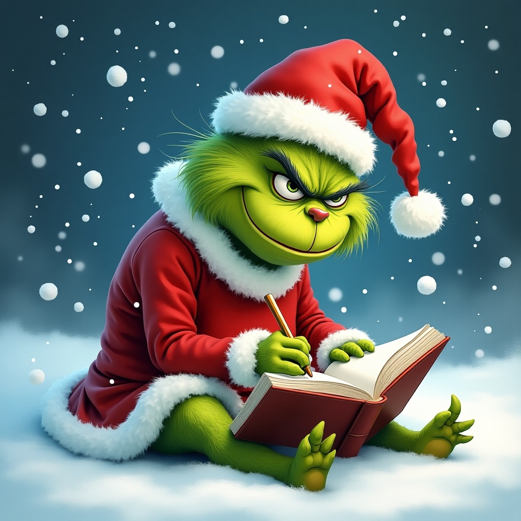 Festive character in winter setting. Grinch character in Santa outfit. Green fur and red dress contrast. Writing in a book while sitting in snow. Snowflakes falling around. Cheerful, mischievous expression.