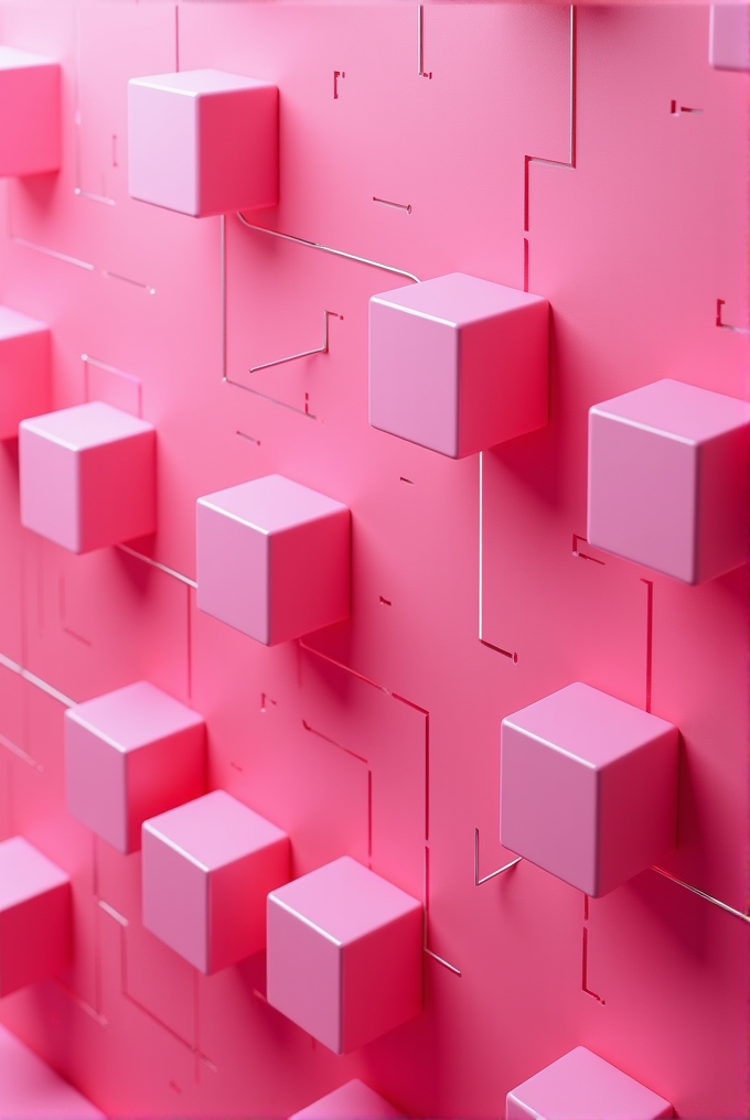 A vibrant pink wall with protruding pink cubes and intricate geometric patterns etched into the surface, creating a 3D abstract design.