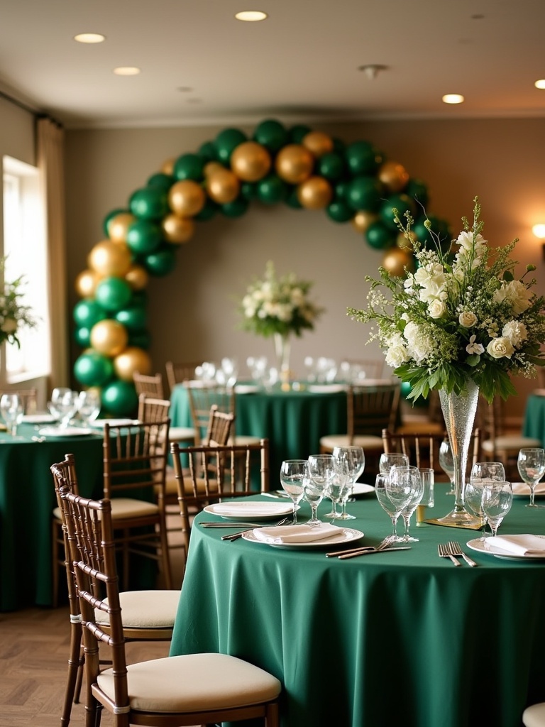 Banquet room features round tables with green linens and white green flowers. Green gold balloon arch decorates the area. Soft lighting creates an inviting atmosphere.