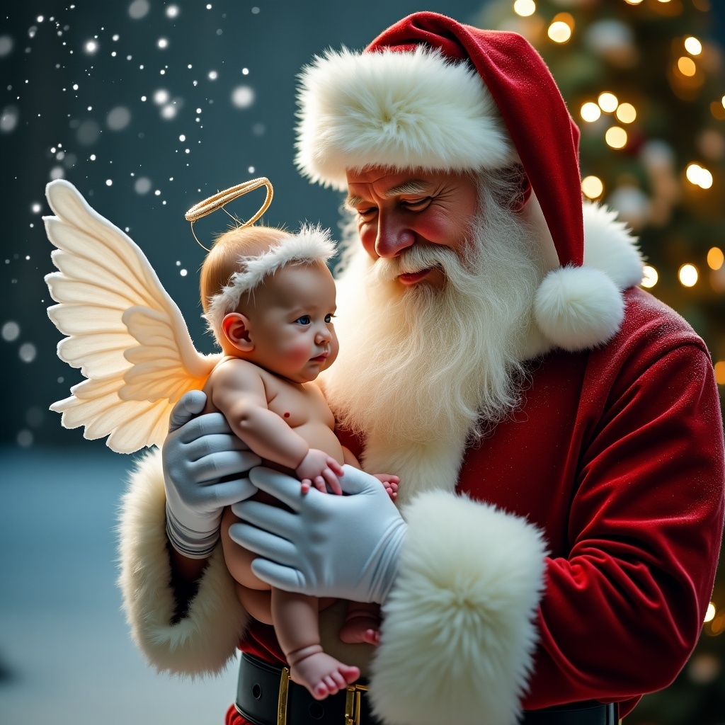 Santa holding a baby with angel wings named Baby Snow. Warm festive atmosphere decorated for Christmas. Soft lighting and cheerful elements in the background.