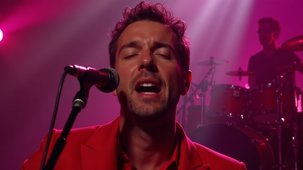 Close-up of a passionate male performer mid-song with slightly parted lips and closed eyes. Performer leans toward the microphone with raw energy. Dressed in vibrant red clothing under dramatic lighting. Silhouettes of instruments in the background. Sharp rim lights and soft pink hues create intensity. Soft-focused background enhances expression.