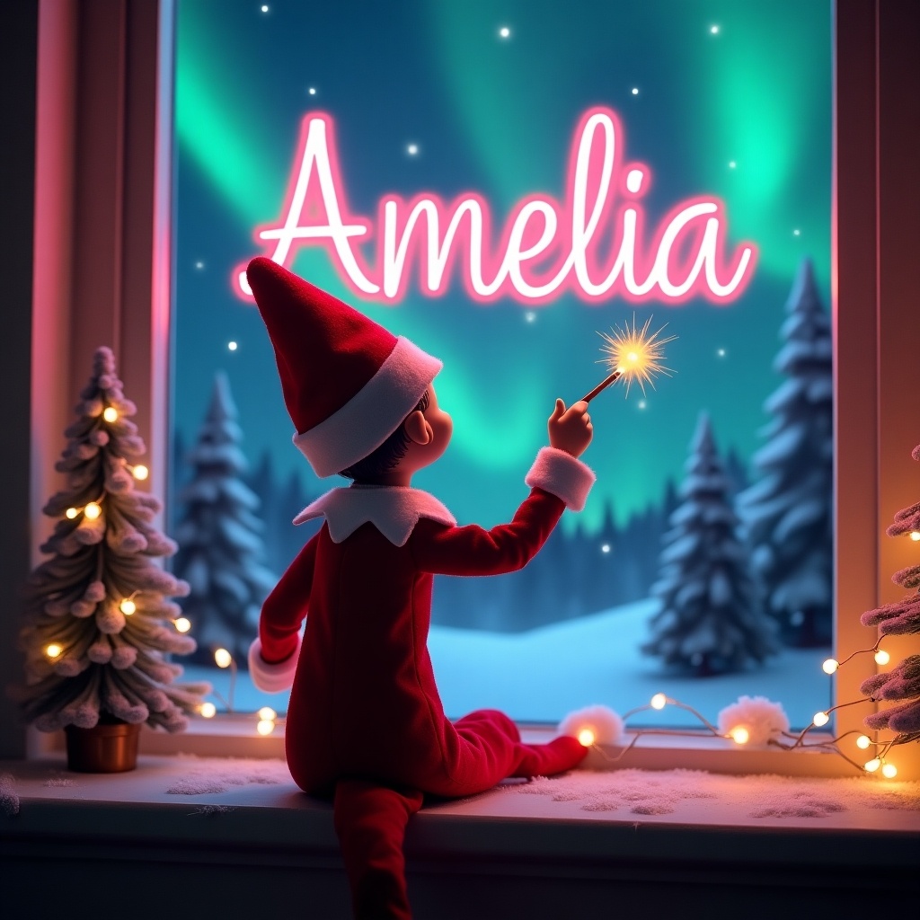 An enchanting Christmas scene features an elf dressed in red and white. The elf is facing the sky, back to the viewer. The elf wields a magic wand, writing 'Amelia' in pink glowing script. The backdrop has vibrant northern lights, setting a magical ambiance. The scene captures the joy of the holiday season.