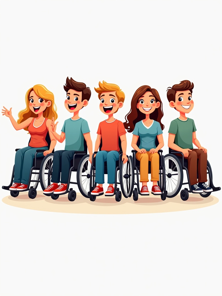 A group of five funny cartoon characters sitting in wheelchairs. Different races and genders represented. They display distinctive hairstyles and colorful clothing. The illustration is a flat vector style. Emphasis on humor and inclusivity.