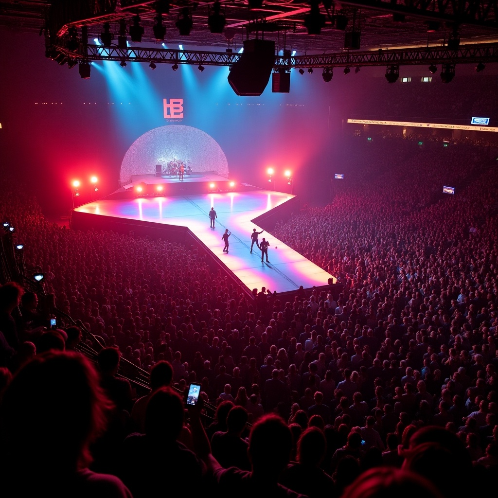 View of a concert stage with a T-shaped runway. Performers on stage with colorful lighting. Large audience in the venue. Shot from a drone perspective.