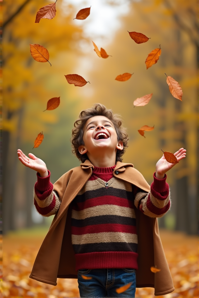 A joyful child plays in a forest, surrounded by falling autumn leaves.