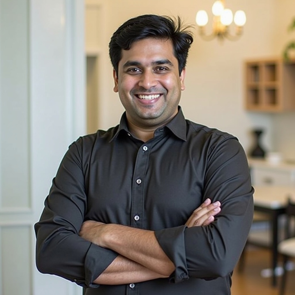 A smiling man in a black shirt stands with arms crossed. He is in a modern interior with natural light coming from the window. The atmosphere is professional and inviting.