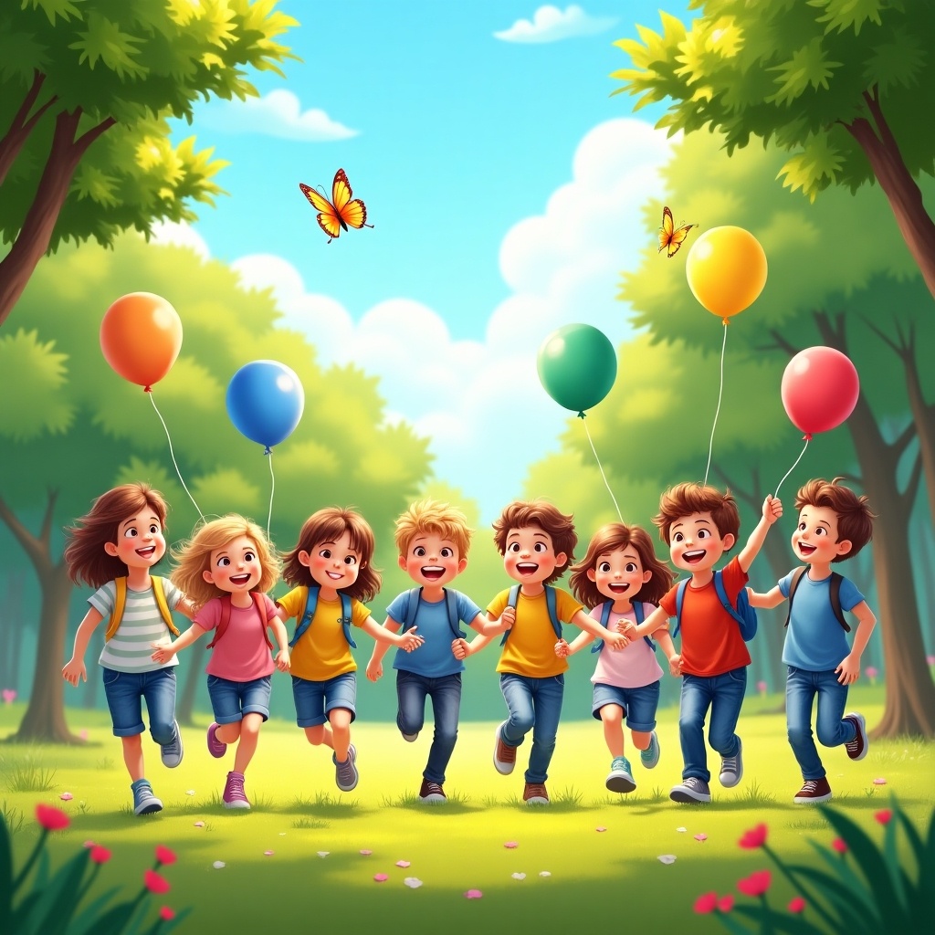 The image depicts a joyful scene of children playing in a vibrant park. A group of eight children, both boys and girls, are running around with colorful balloons. They are smiling and laughing while some butterflies flutter around them. The background features lush green trees and a bright blue sky, enhancing the cheerful atmosphere. This scene captures the essence of childhood joy and carefree moments in nature.