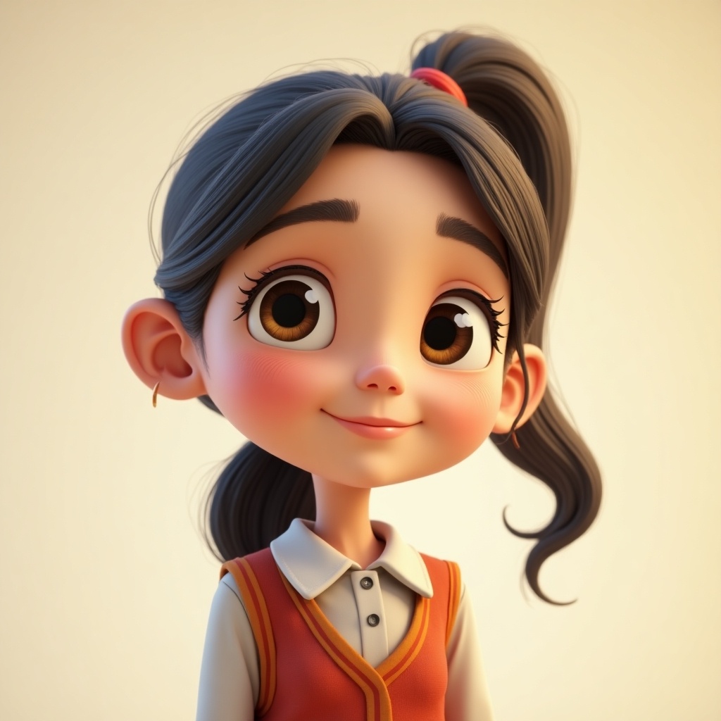 This image features a cartoon character designed in a 3D style. The character is a young woman, possibly in her 40s, with tied long hair and a friendly smile. She wears a motherly outfit with an old-school vibe, blending nostalgia with a contemporary touch. The color palette is warm and inviting, enhancing her approachable demeanor. The artistic style is realistic, yet playful, suitable for various applications in animation and storytelling.