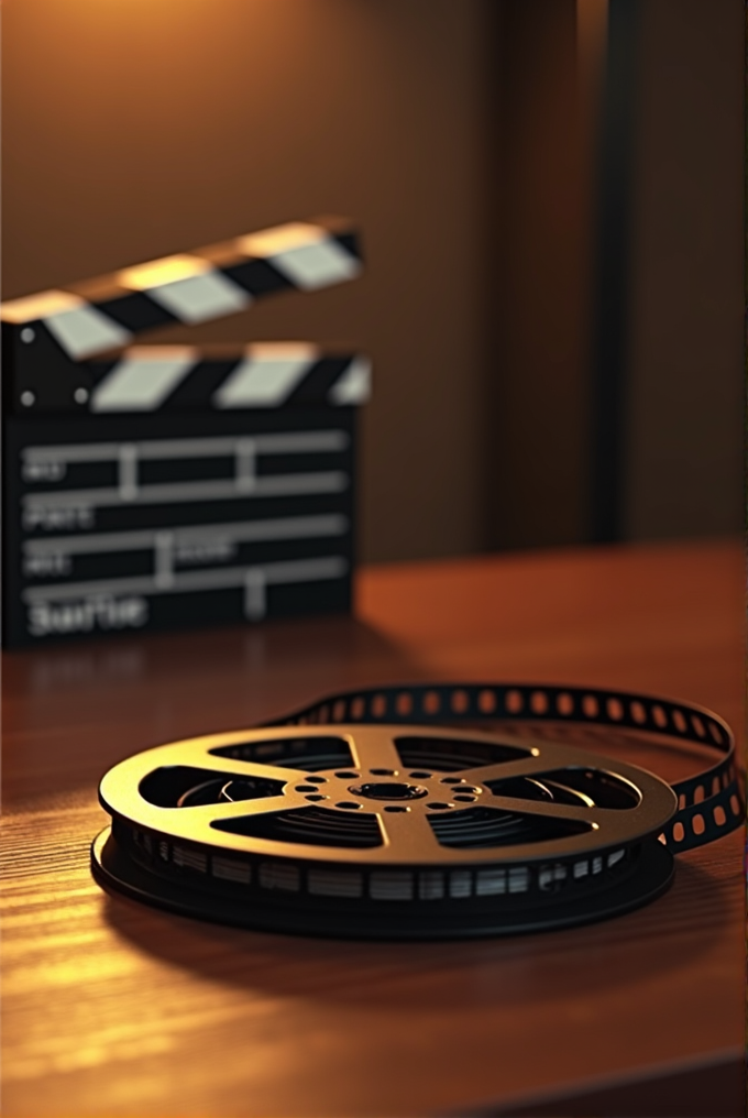 A film reel lies on a wooden table next to a movie clapperboard.