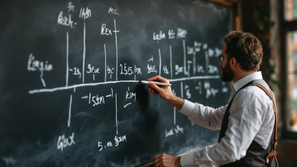 A writer stands near a blackboard, drawing a timeline that represents significant events for a historical novel he is crafting. He is focused and deep in thought, meticulously outlining dates and events as he plans his narrative. The classroom setting is warm and inviting, filled with books and natural light. The blackboard is filled with various annotations and timelines, showcasing the complexity and thoughtfulness behind the writing process. His attire suggests professionalism and dedication to his craft, signaling a serious approach to storytelling.