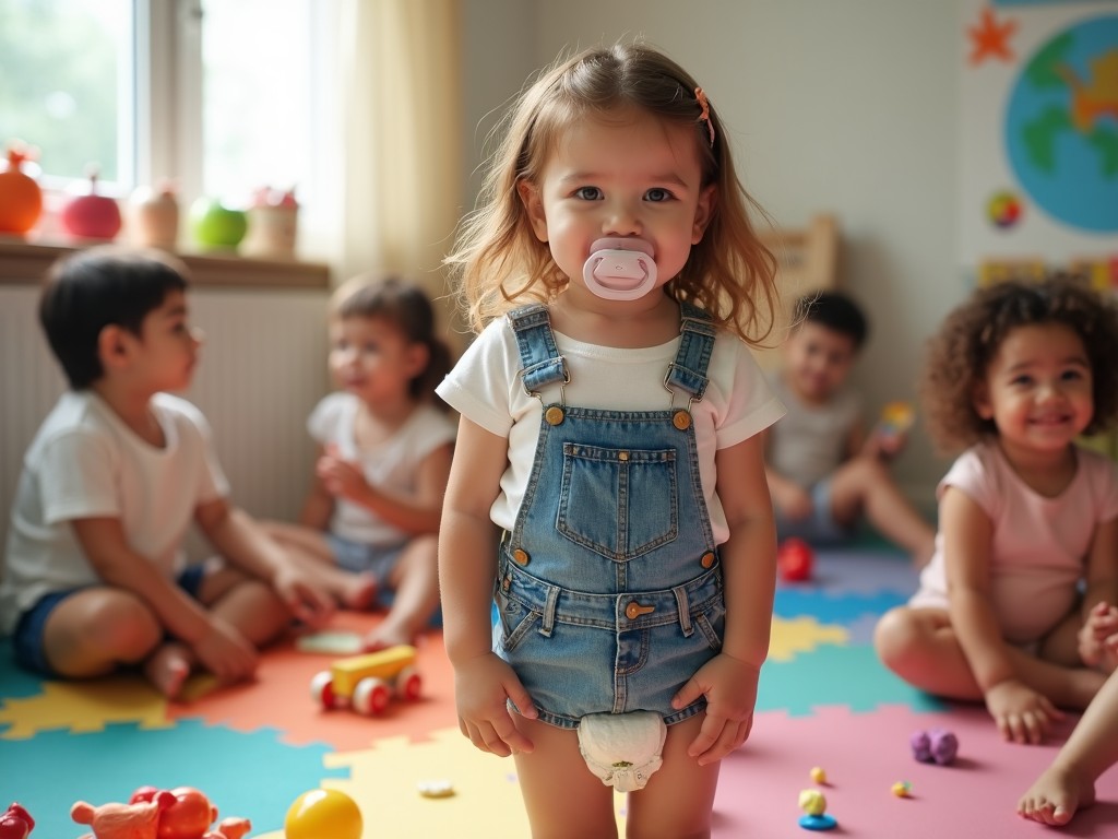 The image showcases a young girl, approximately seven years old, with long brown hair. She is wearing a diaper underneath her t-shirt and denim dungarees, complete with a pacifier in her mouth. In the background, a group of other children is engaged in play, creating a lively daycare atmosphere. The room is brightly lit with natural light streaming in from a nearby window. Colorful mats and toys add to the cheerful setting, emphasizing the joy and innocence of childhood.