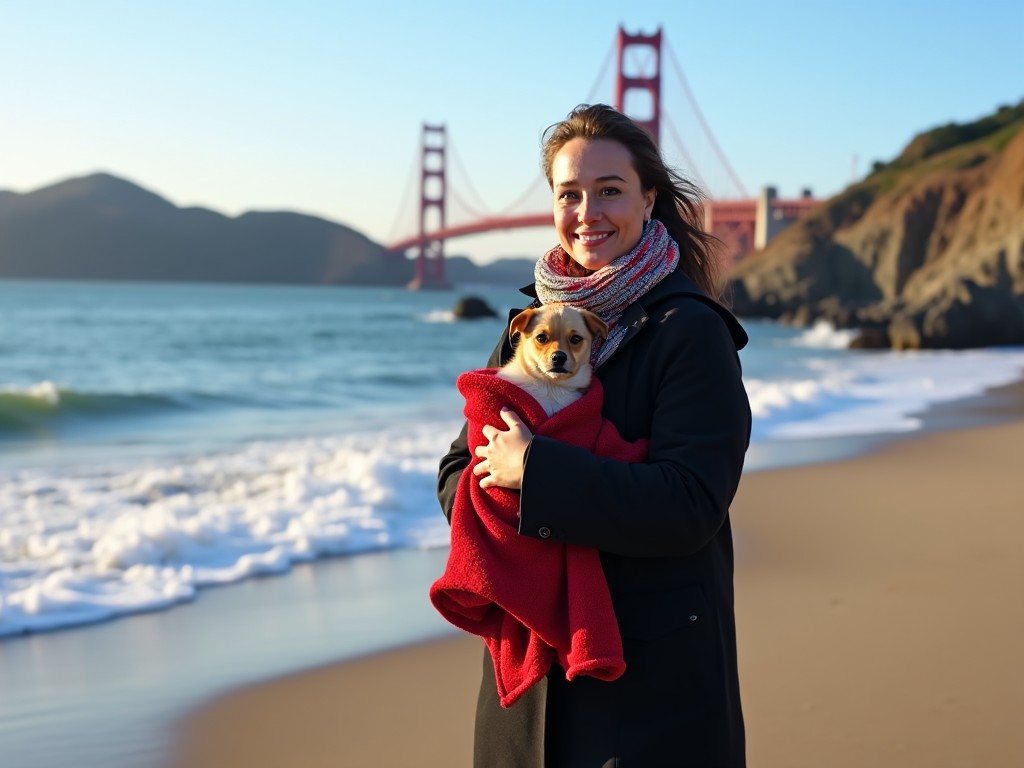 This image shows a woman standing on a sandy beach by the ocean. She is wearing a black coat and a colorful scarf. In her arms, she is holding a small dog wrapped in a red blanket. Behind her, the Golden Gate Bridge is visible across the water, adding to the scenic background. The sky is clear and the coastline has rocky hills in the distance. The waves are gently lapping at the shore, creating a calm and serene atmosphere.