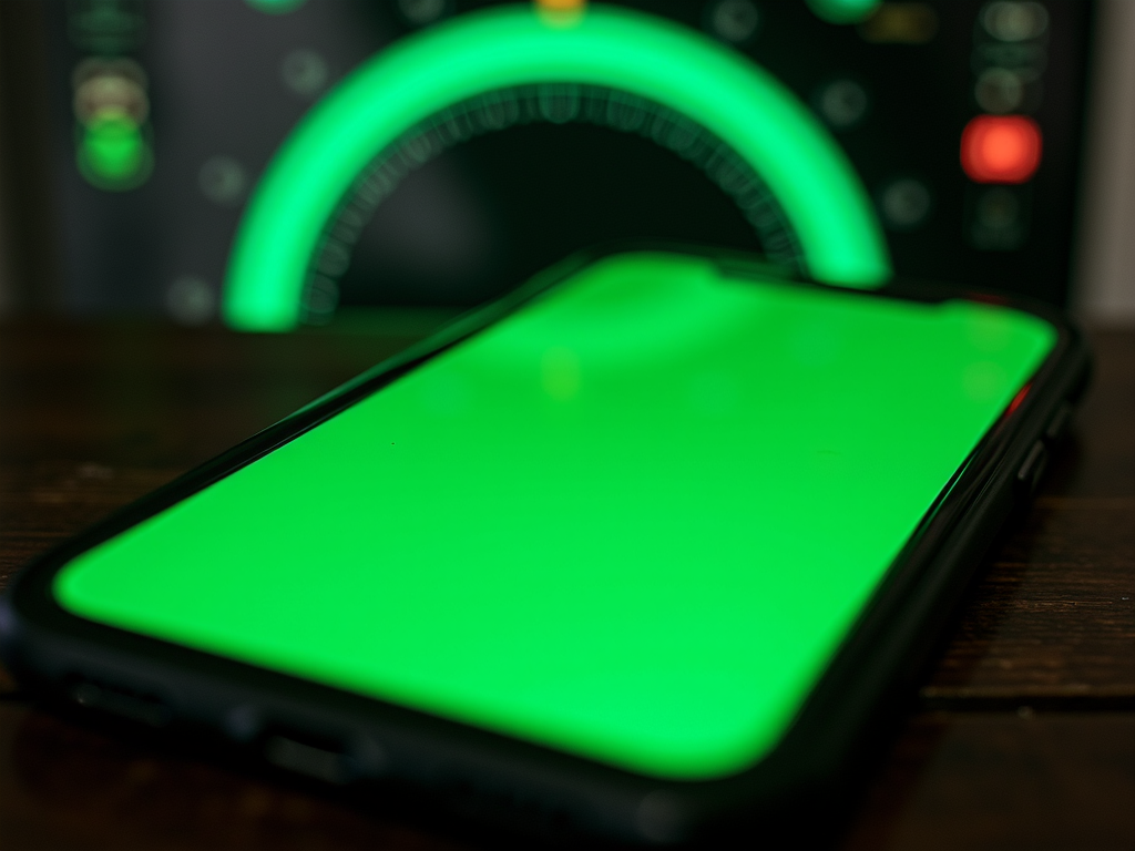 A smartphone with a bright green screen is placed on a wooden surface.