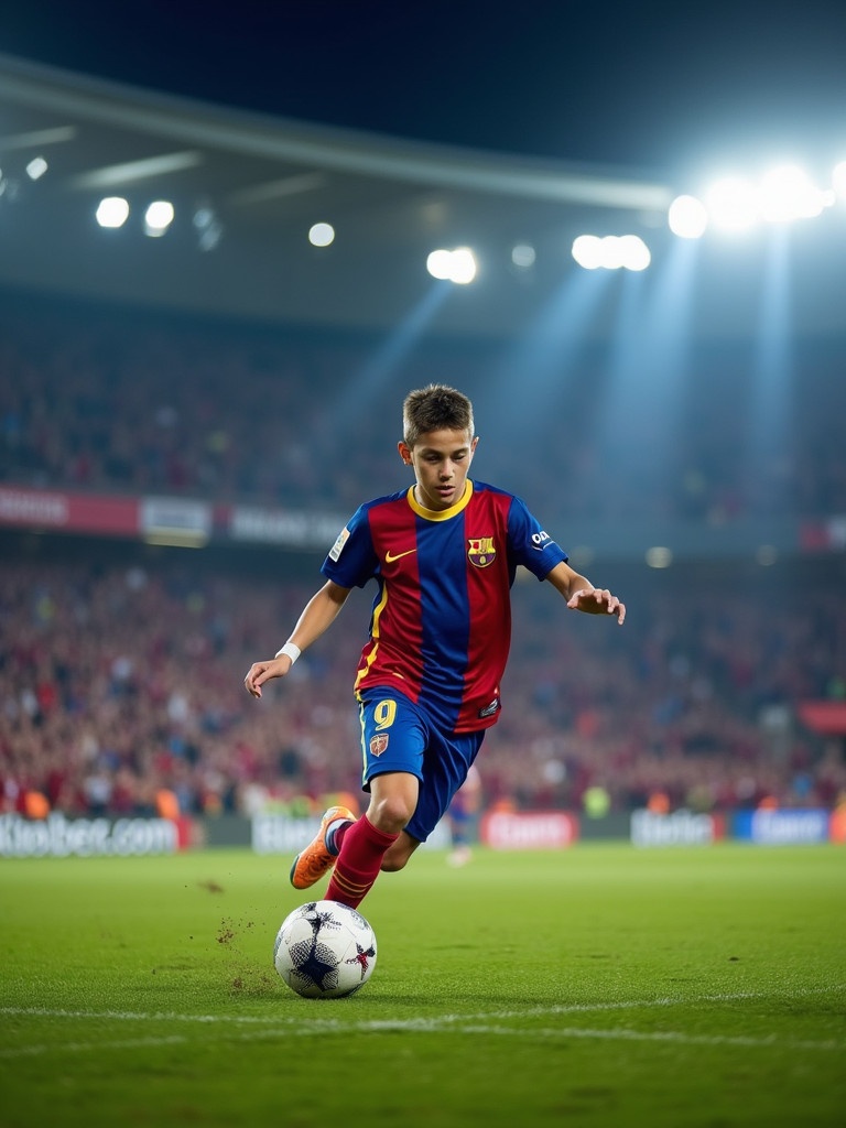 Dynamic moment in soccer match. Young athlete in red and blue jersey dribbling soccer ball with determination. Stadium filled with cheering fans emphasizes intensity of game. Bright lights illuminate field enhancing excitement. Player's movement showcases skill and agility captivating soccer moment.