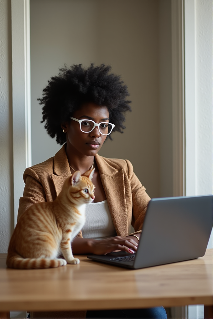 A person wearing glasses sits at a table using a laptop, with a ginger cat sitting beside them.