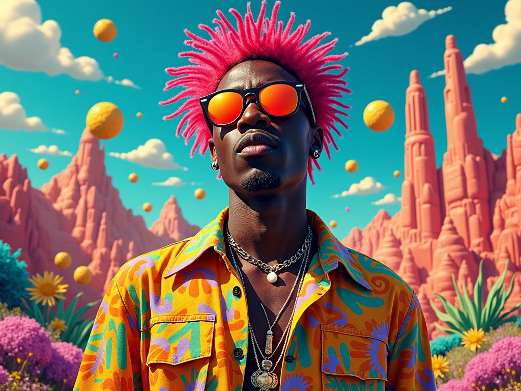 The image depicts a vivid, surreal landscape with a person as the central figure, sporting bright pink hair and reflective sunglasses that mirror the vibrant surroundings. The background is filled with whimsical, cartoon-like rock formations and floating orbs. The character's brightly patterned shirt complements the playful, colorful nature of the scene.