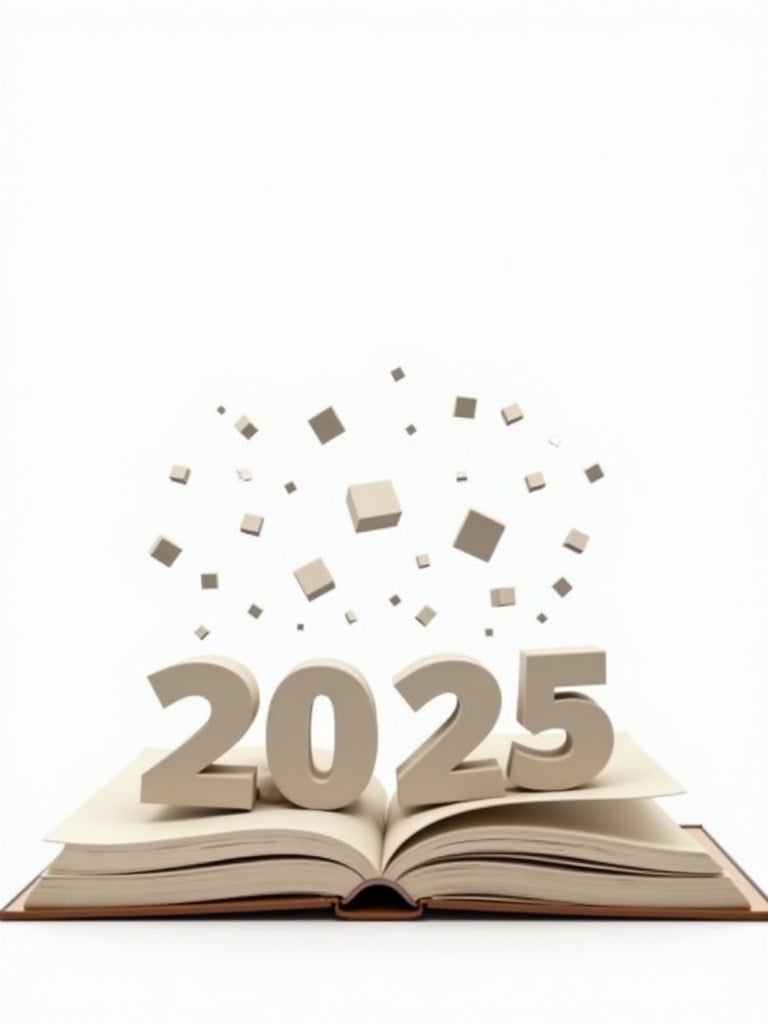 Open book displays the year 2025 in 3D. Shapes scatter around the number. White background highlights the scene. Brown cover adds contrast. Pages are fanned out.