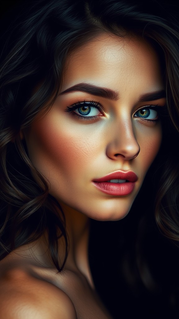 A striking portrait of a woman with luminous eyes and flawless skin, set against a dark background.