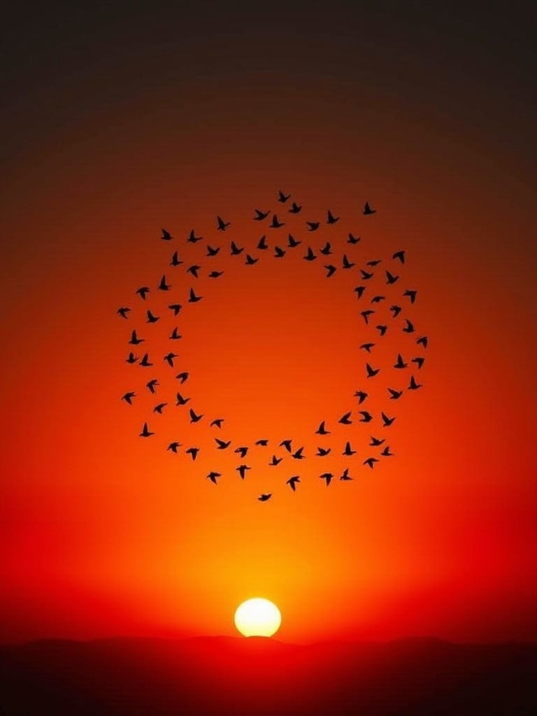 A stunning sunset scene with a glowing sun near the horizon. The sky has a gradient from deep red to darker shades. A flock of birds is flying in a circular pattern against the sky. The birds are silhouetted, enhancing the beauty of the scene. Image conveys tranquility and natural beauty.