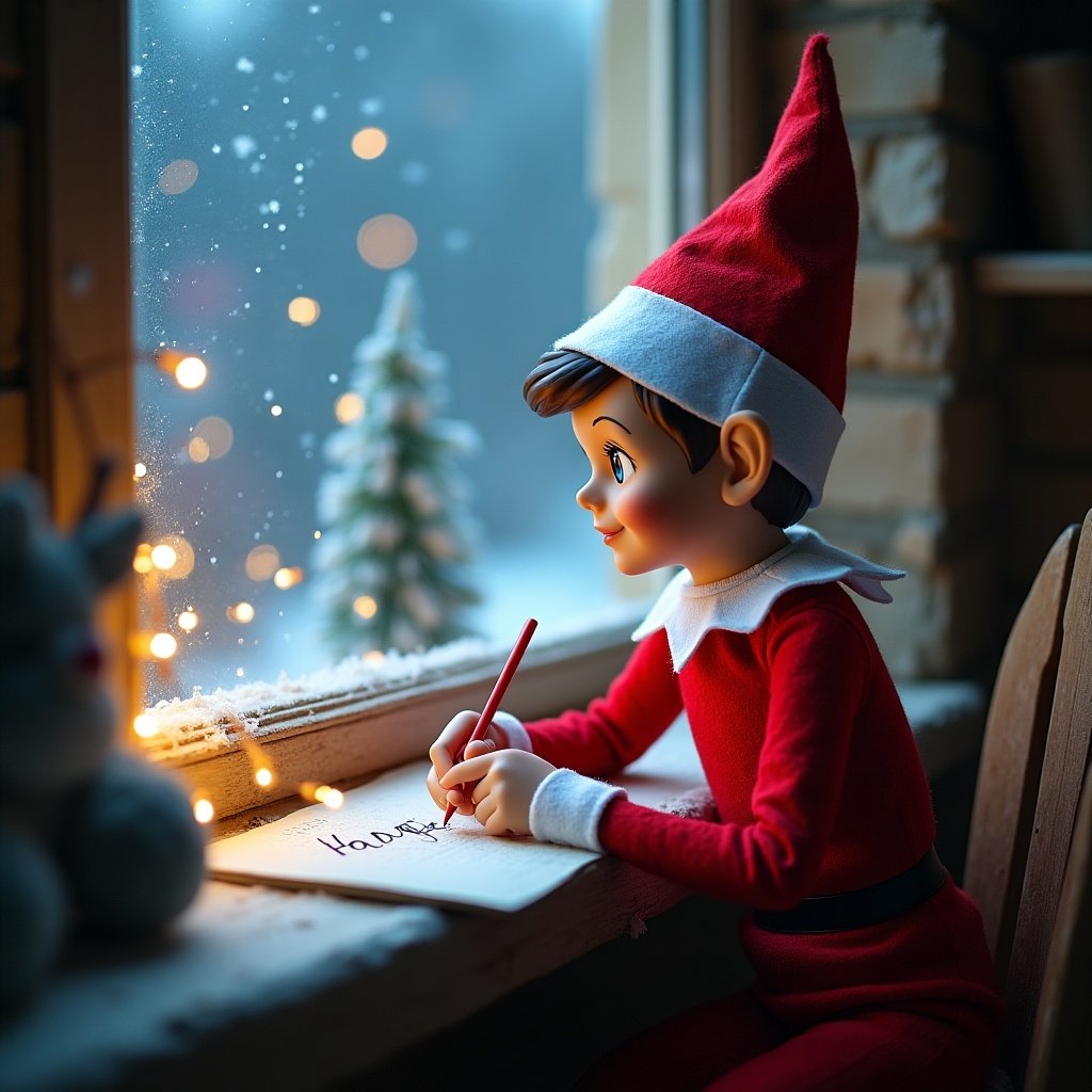 This image features a charming elf doll seated by a window at the North Pole. The elf is wearing a classic red and white outfit, complete with a pointed hat. The scene is set against a snowy backdrop, with gently falling snowflakes and a twinkling tree outside. The elf is focused on writing the name 'Harper' on a piece of paper. The warm, cozy lighting creates a magical, festive atmosphere. This captures the essence of holiday spirit and childhood wonder.