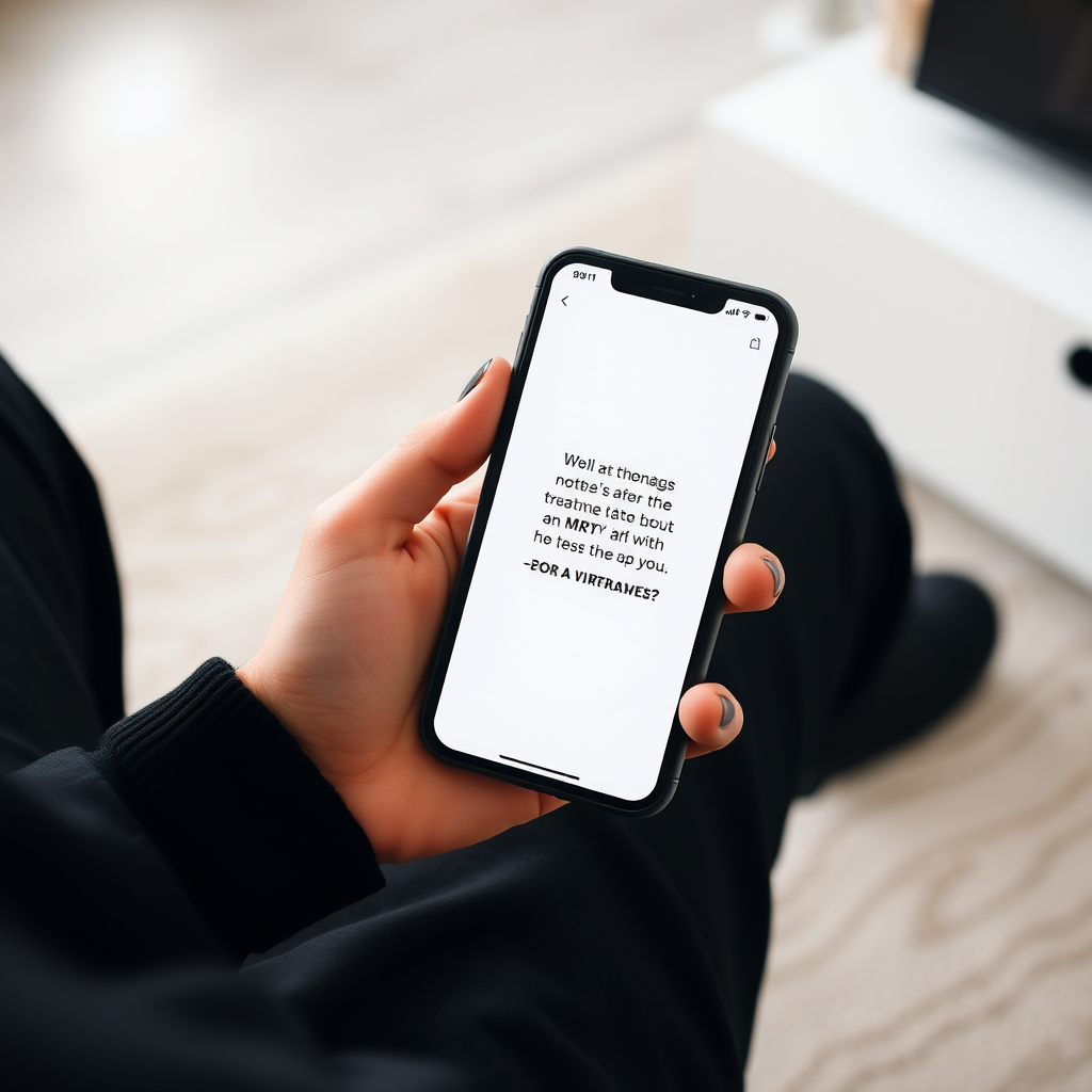 A person holds a smartphone displaying text over a white screen, seated with legs crossed on a wooden floor.