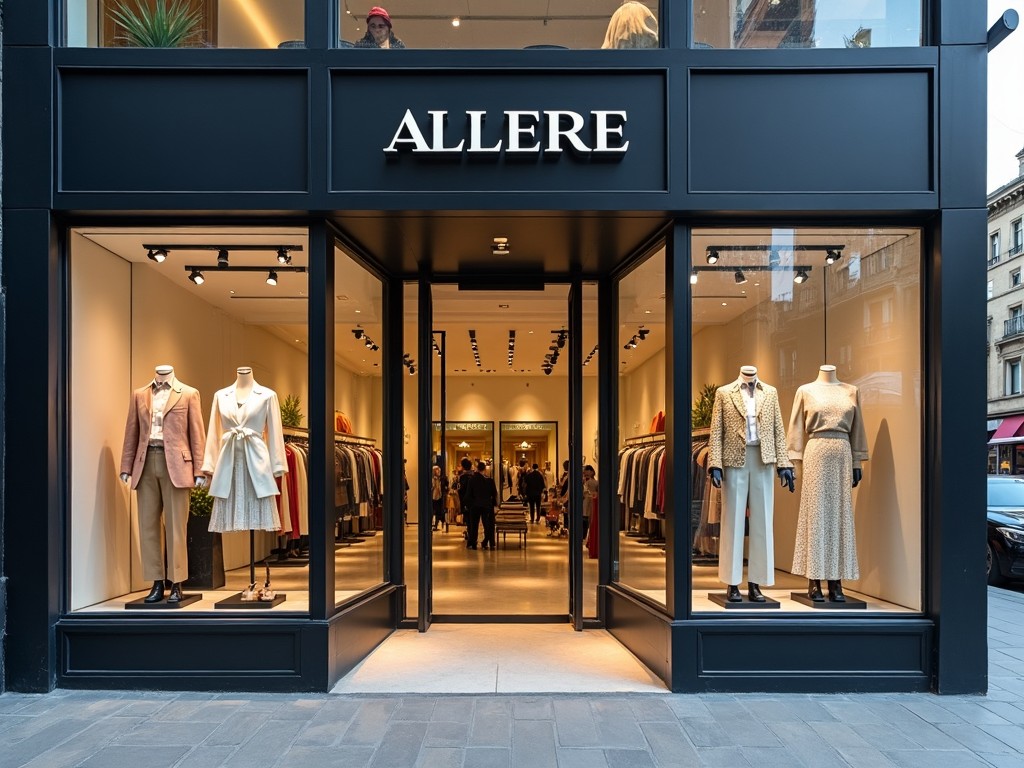 This image showcases a stylish fashion store window, prominently featuring the brand name 'ALLERE'. The store displays a variety of elegant clothing items arranged on mannequins. The inviting entrance is framed with sleek black and glass elements. Soft lighting enhances the sophistication of the merchandise. The scene captures the essence of modern retail in an urban environment.