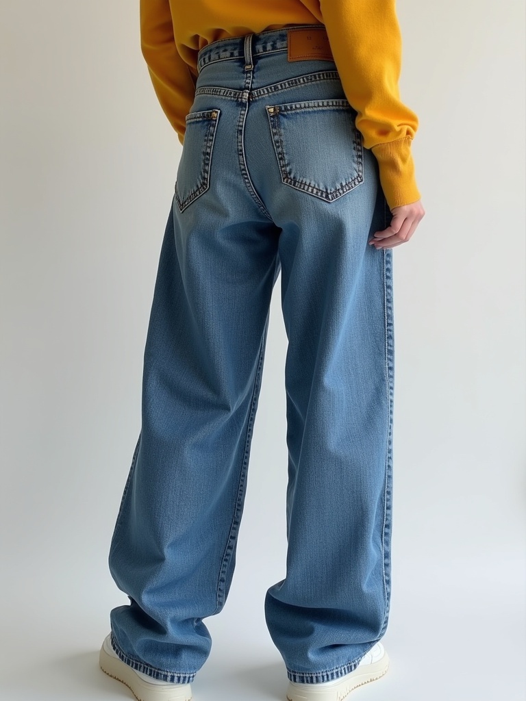 Model wearing baggy jeans with a yellow sweatshirt. The jeans are light blue denim. The focus is on the back view. Ideal for showcasing casual fashion styles.