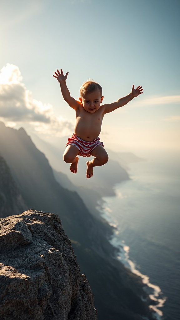 A child in striped shorts exuberantly jumps off a cliff edge with arms outstretched, creating a sense of adventure and spontaneity. The background features a dramatic coastline with rugged cliffs and a vast ocean capturing the majestic beauty of nature, bathed in warm sunlight.