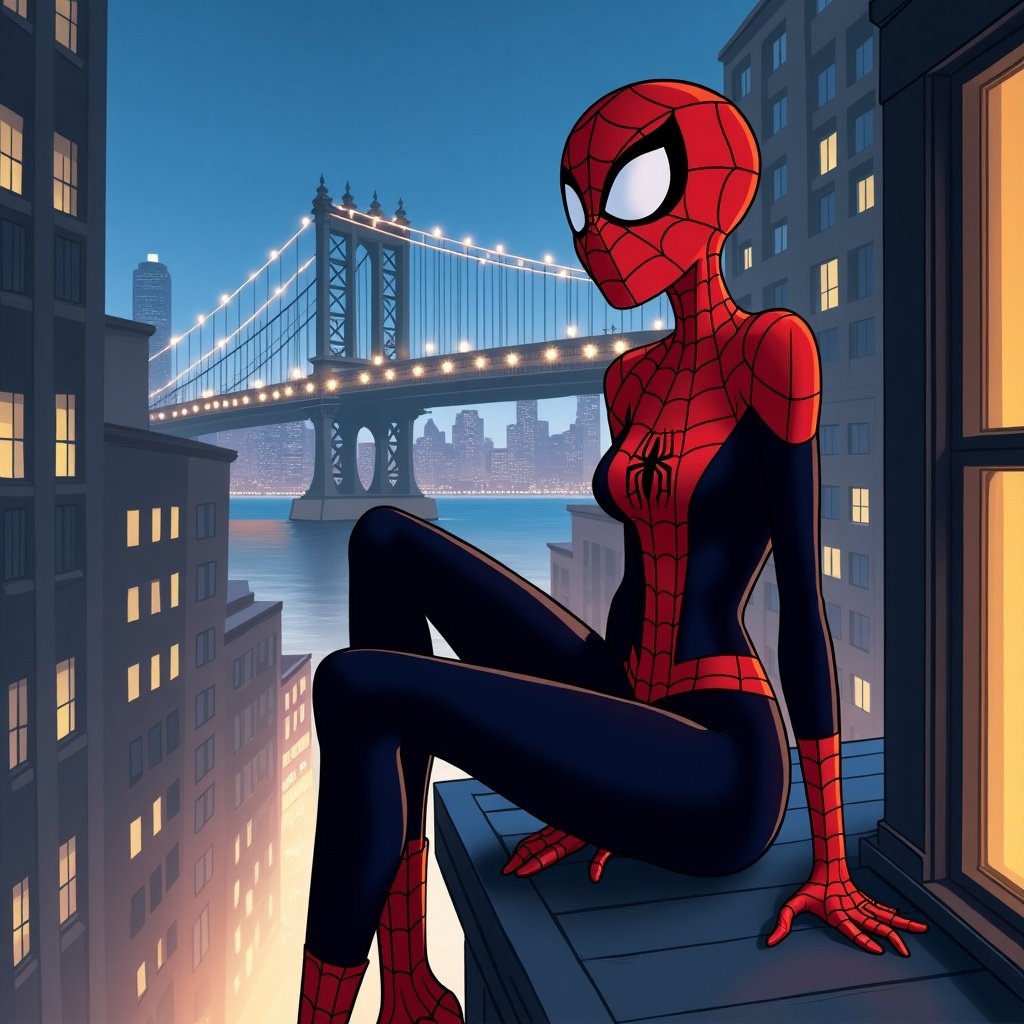 Animated image of Spider-girl resembling Miles Morales. She sits on a high ledge in NYC with dynamic skyscrapers and the Brooklyn Bridge. Vivid cartoonish art style with red and black costume.